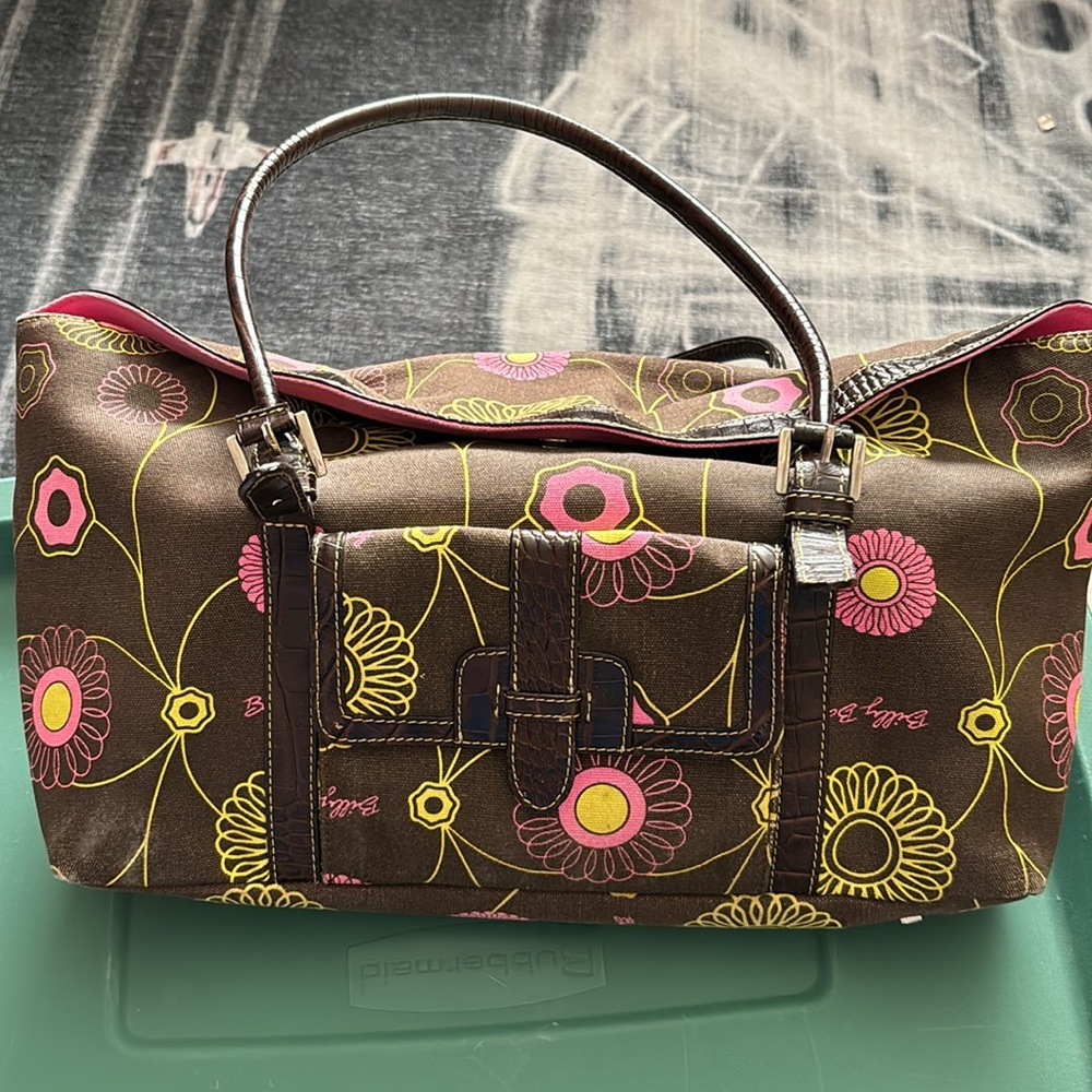 Brown Floral Billy Bag of London. Zipper inside and snap at top